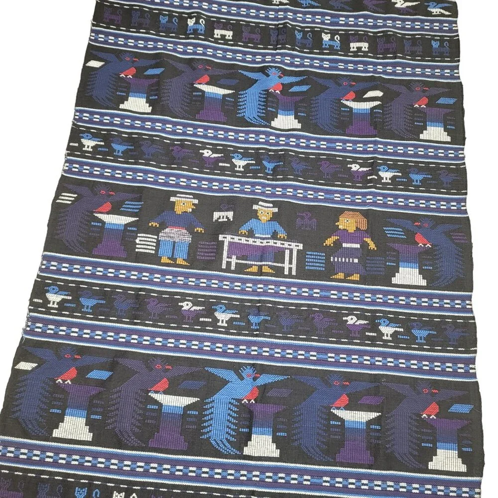 vintage 1980s Handwoven Textile Tapestry Colorful Patterns & Birds 35.5